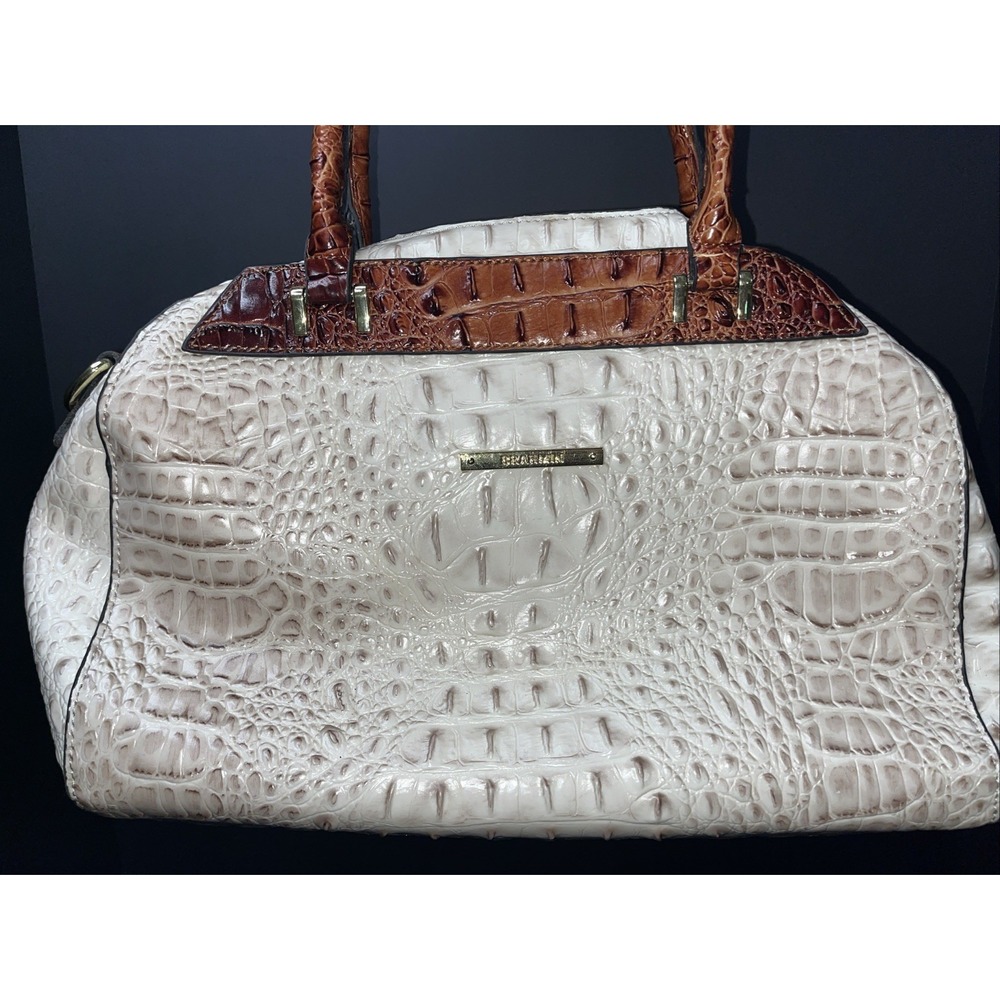 Brahmin Brown Pearl Crocodile Leather Satchel/Top Handle Bag Cream Oversized